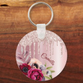 Roze glitter drip roos gouden metalen bloemen sleutelhanger (Voorkant)