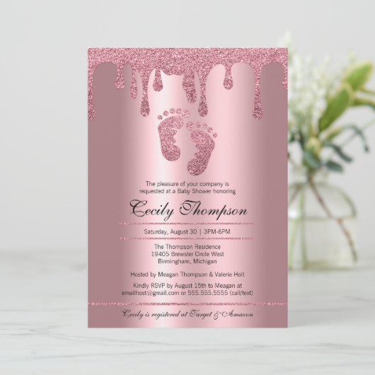 Roze Glitter Drip Roos Luxe Metallic Baby shower Kaart (Staand voorkant)