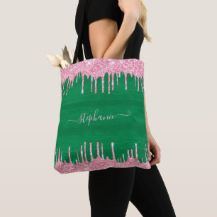 Roze glitter Drip Sparkle Monogram Watermeloen Tote Bag