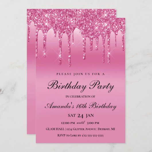 Roze Glitter Drip Uitnodiging (Voorkant / Achterkant)