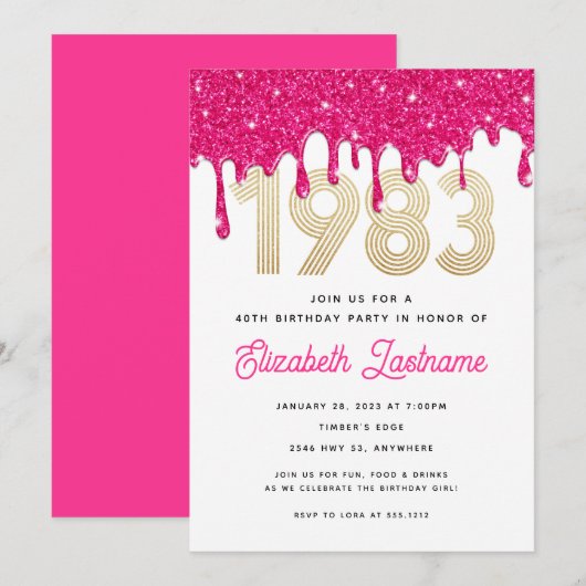 Roze Glitter Drip Uitnodiging 40e Verjaardag (Voorkant / Achterkant)