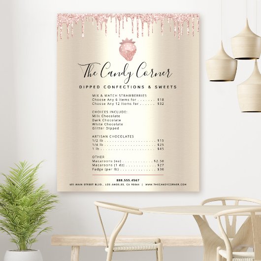 Roze Glitter Drips Dessert Menu Prijslijst Goud Poster