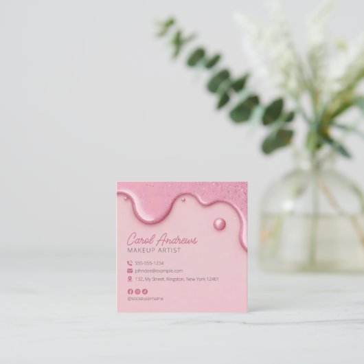 Roze Glitter Drips Make-up Artiest Lash Beauty Sal Vierkante Visitekaartje (Staand voorkant)