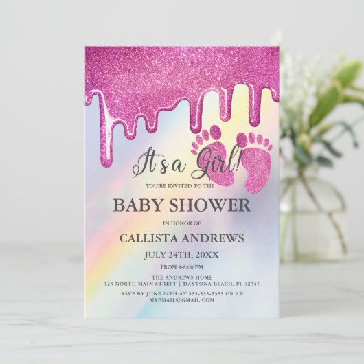 Roze Glitter Drips Regenboog Holografisch Baby sho Kaart (Staand voorkant)