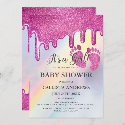 Roze Glitter Drips Regenboog Holografisch Baby sho Kaart (Voorkant / Achterkant)
