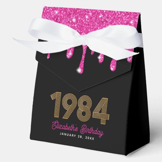 Roze Glitter Drup Nep Goud 1984 40e Verjaardag Bedankdoosjes (Voorkant)