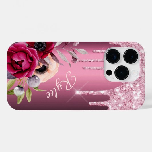 Roze glitter druppel bloemen bordeaux naam Case-Mate iPhone case (Achterkant (horizontaal))