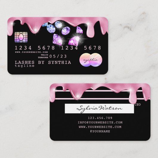 Roze glitter druppels Credit Kaart hologram diaman Visitekaartje (Voorkant / Achterkant)