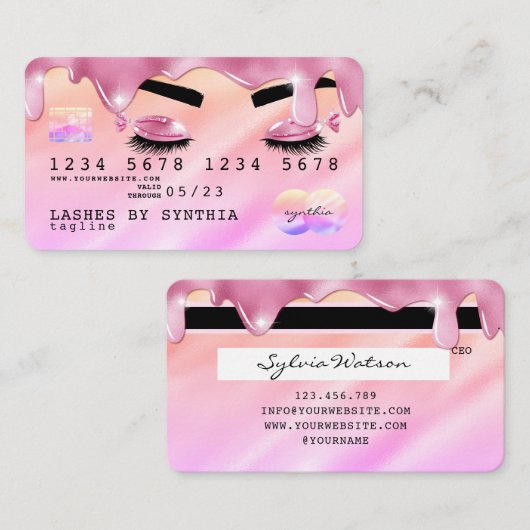 Roze glitter druppels Credit Kaart hologram wimper Visitekaartje (Voorkant / Achterkant)