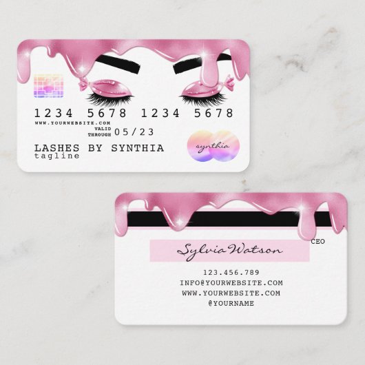 Roze glitter druppels Credit Kaart hologram wimper Visitekaartje (Voorkant / Achterkant)