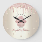 Roze Glitter Druppels Cupcake Bakkerij Gebak Chef Grote Klok (Voorkant)