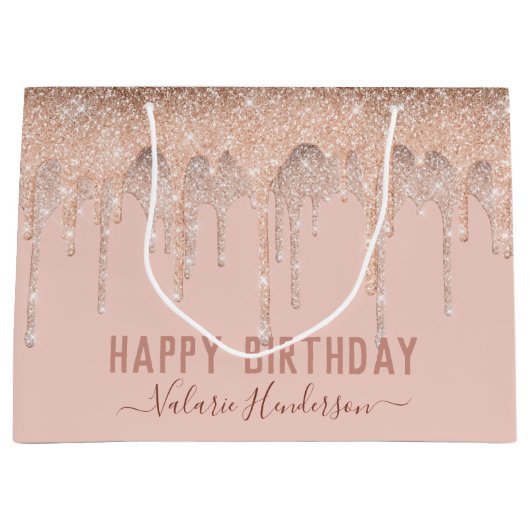 Roze glitter druppels Happy BirthdayFavor Bag Groot Cadeauzakje (Voorkant)