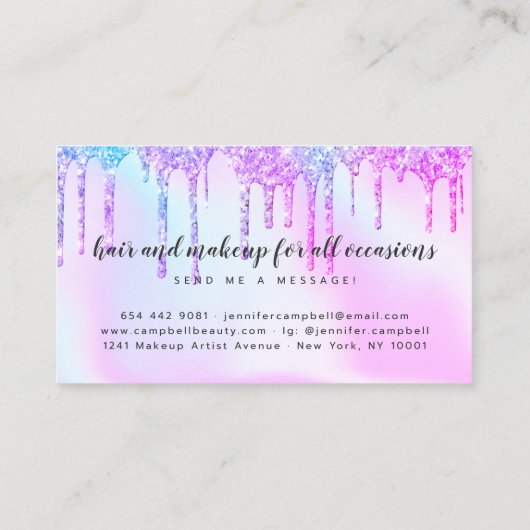 Roze glitter druppels make-up haar holografische e visitekaartje (Achterkant)
