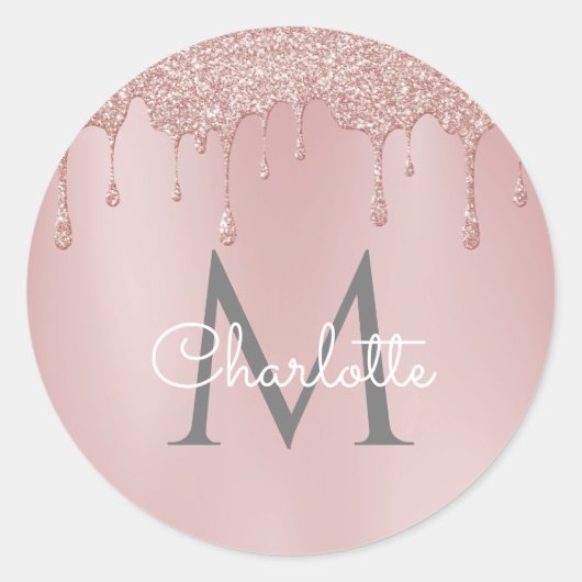 Roze Glitter Druppels Monogram Elegant Meisjesacht Ronde Sticker (Voorkant)