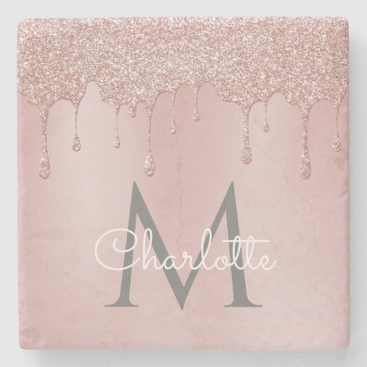 Roze Glitter Druppels Monogram Elegant Meisjesacht Stenen Onderzetter (Voorkant)
