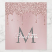 Roze Glitter Druppels Monogram Elegant Script Wijn Etiket (Enkel label)