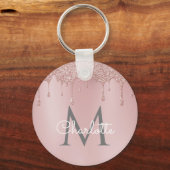 Roze Glitter Druppels Monogram Elegante Chic Lette Sleutelhanger (Voorkant)