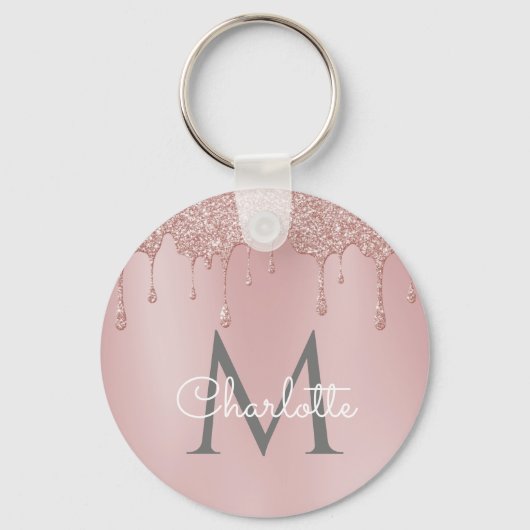 Roze Glitter Druppels Monogram Elegante Chic Scrip Sleutelhanger (Voorkant)