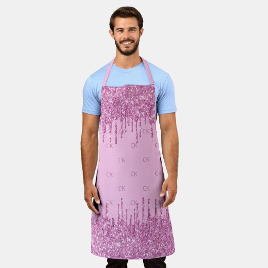 Roze glitter druppels monogram initialen patroon schort (Gedragen)