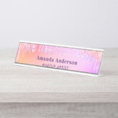 Roze glitter druppels monogram schoonheid bureau naambordje (Voorkant)