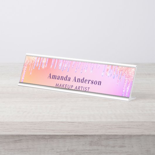 Roze glitter druppels monogram schoonheid bureau naambordje (Voorkant)