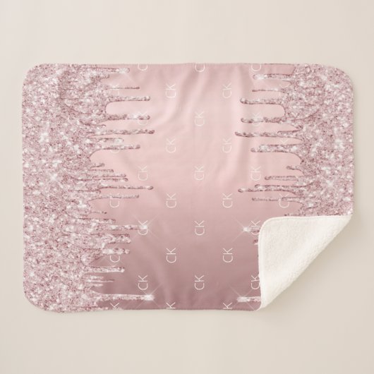 Roze glitter druppels sparkle monogram sherpa deken (Voorkant (horizontaal))