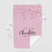 Roze glitter druppelt aangepaste monogram naam op golfhanddoek (Insitu)