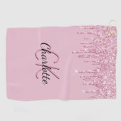 Roze glitter druppelt aangepaste monogram naam op golfhanddoek (Horizontaal)
