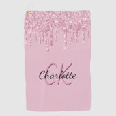 Roze glitter druppelt aangepaste monogram naam op golfhanddoek (Voorkant)