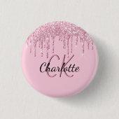 Roze glitter druppelt aangepaste monogram naam op ronde button 3,2 cm (Voorkant)