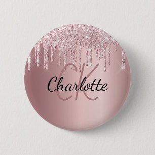Roze glitter druppelt aangepaste monogram naam op ronde button 5,7 cm