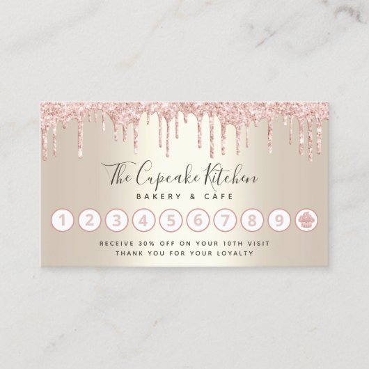 Roze glitter druppelt cupcake bakkerij Chef Gold Klantenkaartje (Voorkant)