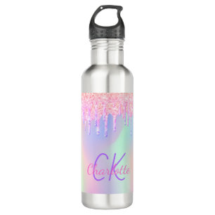 Roze glitter druppelt holografisch monogram naamme waterfles 