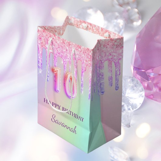 Roze glitter druppelt holografische 10e verjaardag medium cadeauzakje