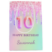 Roze glitter druppelt holografische 10e verjaardag medium cadeauzakje (Voorkant)