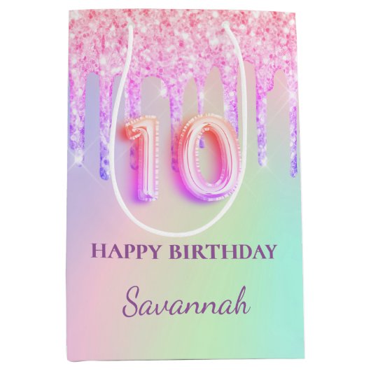 Roze glitter druppelt holografische 10e verjaardag medium cadeauzakje (Voorkant)