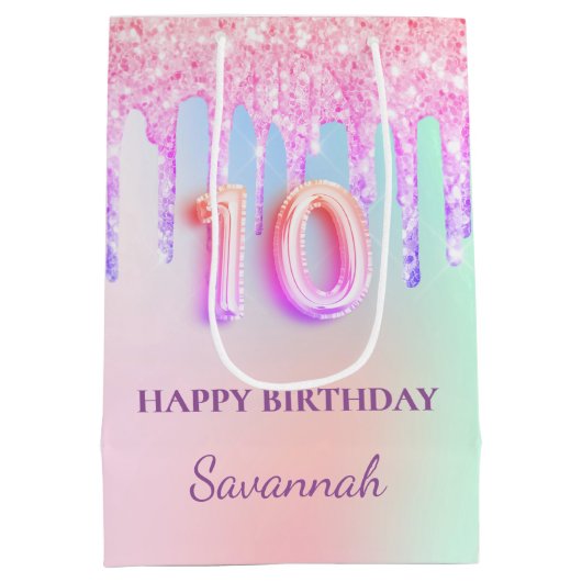 Roze glitter druppelt holografische 10e verjaardag medium cadeauzakje (Achterkant)