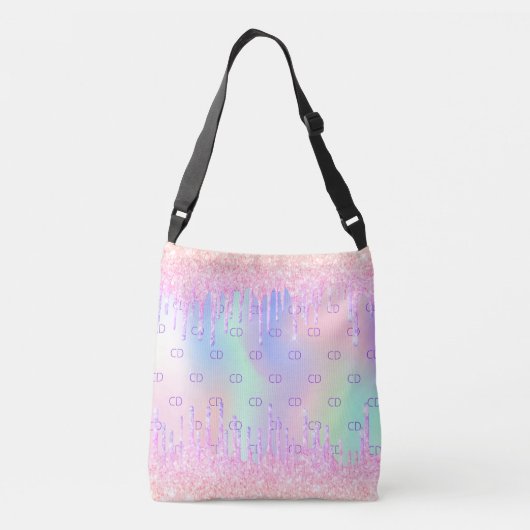 Roze glitter druppelt holografische monogram initi crossbody tas (Achterkant)