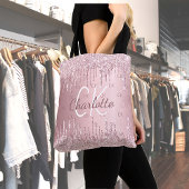 Roze glitter druppelt monogram elegant script tote bag