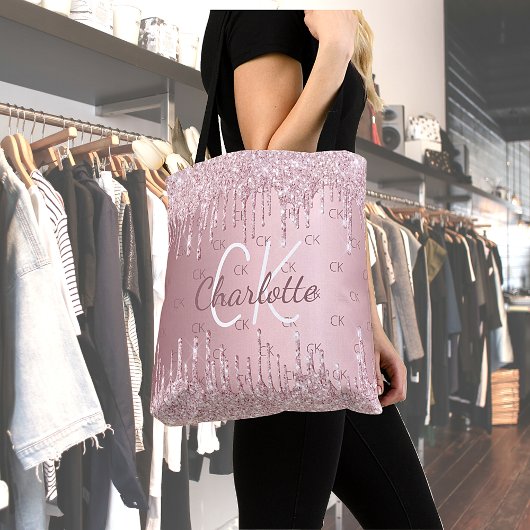 Roze glitter druppelt monogram elegant script tote bag