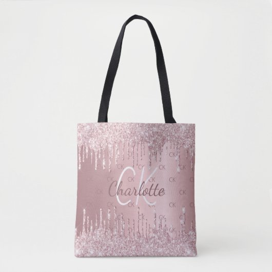 Roze glitter druppelt monogram elegant script tote bag (Voorkant)