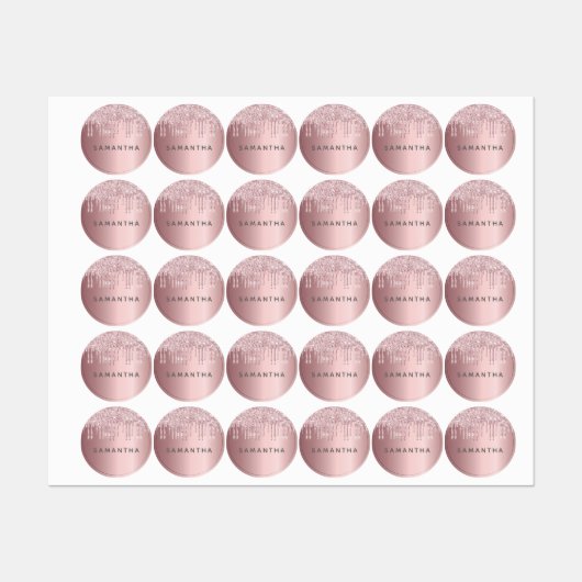 Roze glitter druppelt monogram naam op labels (Vel)