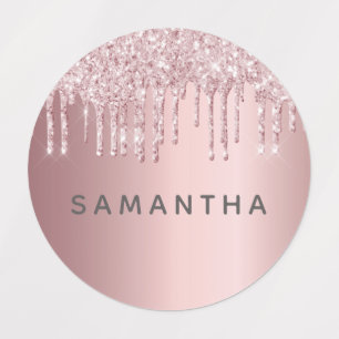 Roze glitter druppelt monogram naam op labels