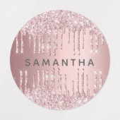 Roze glitter druppelt monogram naam op labels (Design 1)