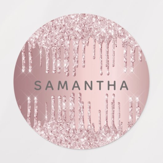 Roze glitter druppelt monogram naam op labels (Design 1)