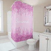 Roze glitter druppelt monogram naamscript douchegordijn (In situ)