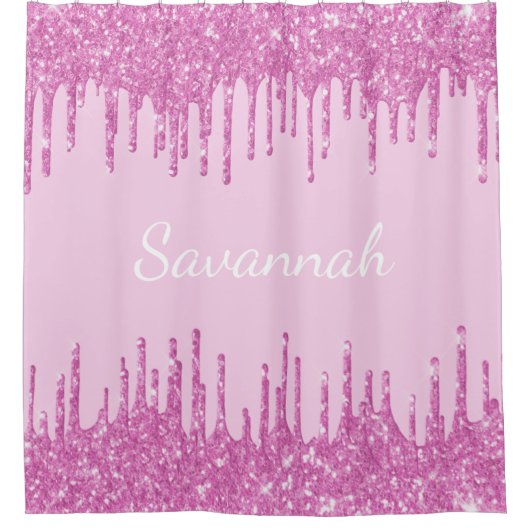 Roze glitter druppelt monogram naamscript douchegordijn (Voorkant)