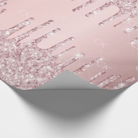 Roze glitter druppelt mousserend monogram stoffig cadeaupapier (Hoek)
