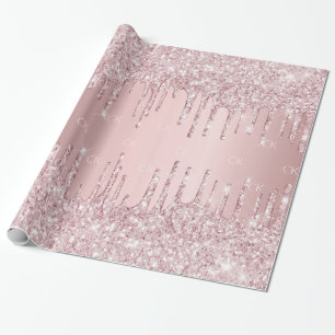 Roze glitter druppelt mousserend monogram stoffig  cadeaupapier