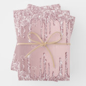Roze glitter druppelt mousserend monogram stoffig  inpakpapier vel (In situ)